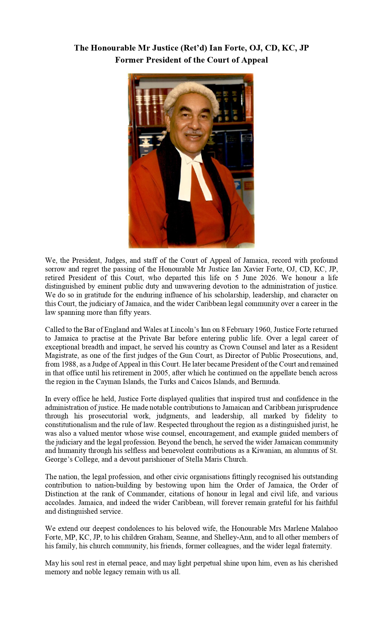 Tribute to Justice Ian Forte
